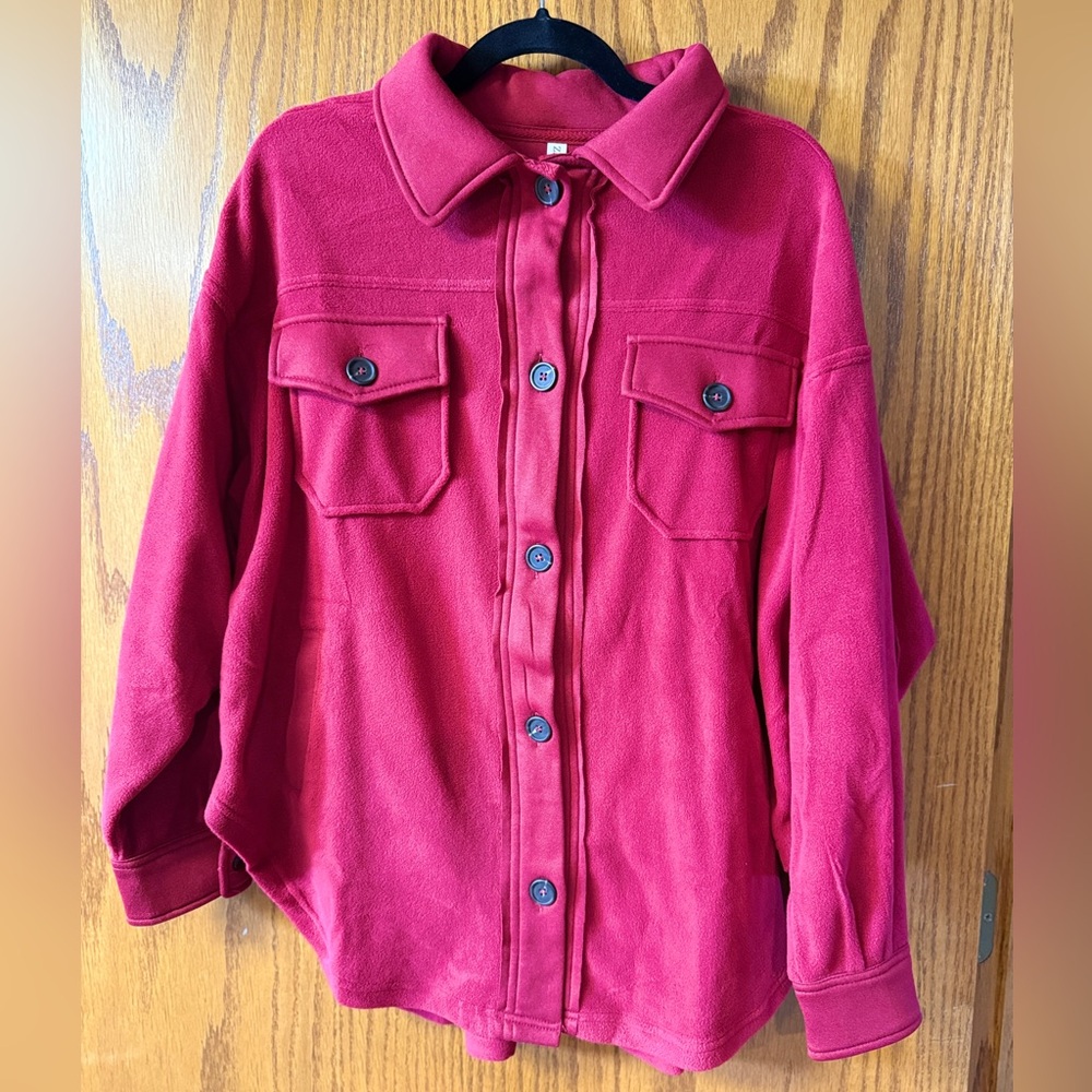 Zenana Outfitters Burgundy Button-Front Fleece Shacket (S)